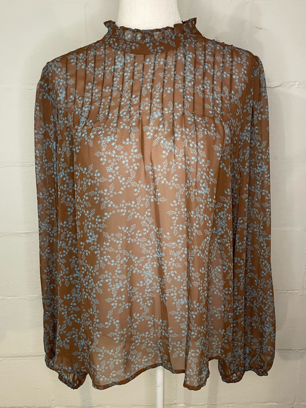 a.n.a Brown Blouse with Light Blue Floral Pintuck Front